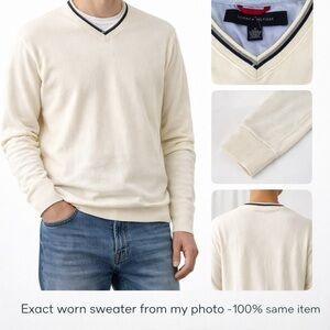 Tommy Hilfiger Men's Cream V-Neck Sweater with Contrast Trim